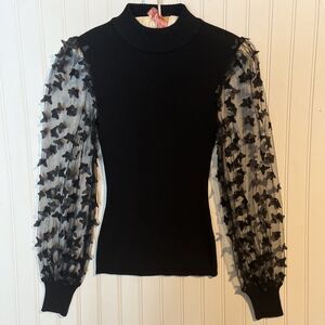 Almost Famous Women’s Black Sweater Sheer Long Sleeve Butterfly Appliqué Medium